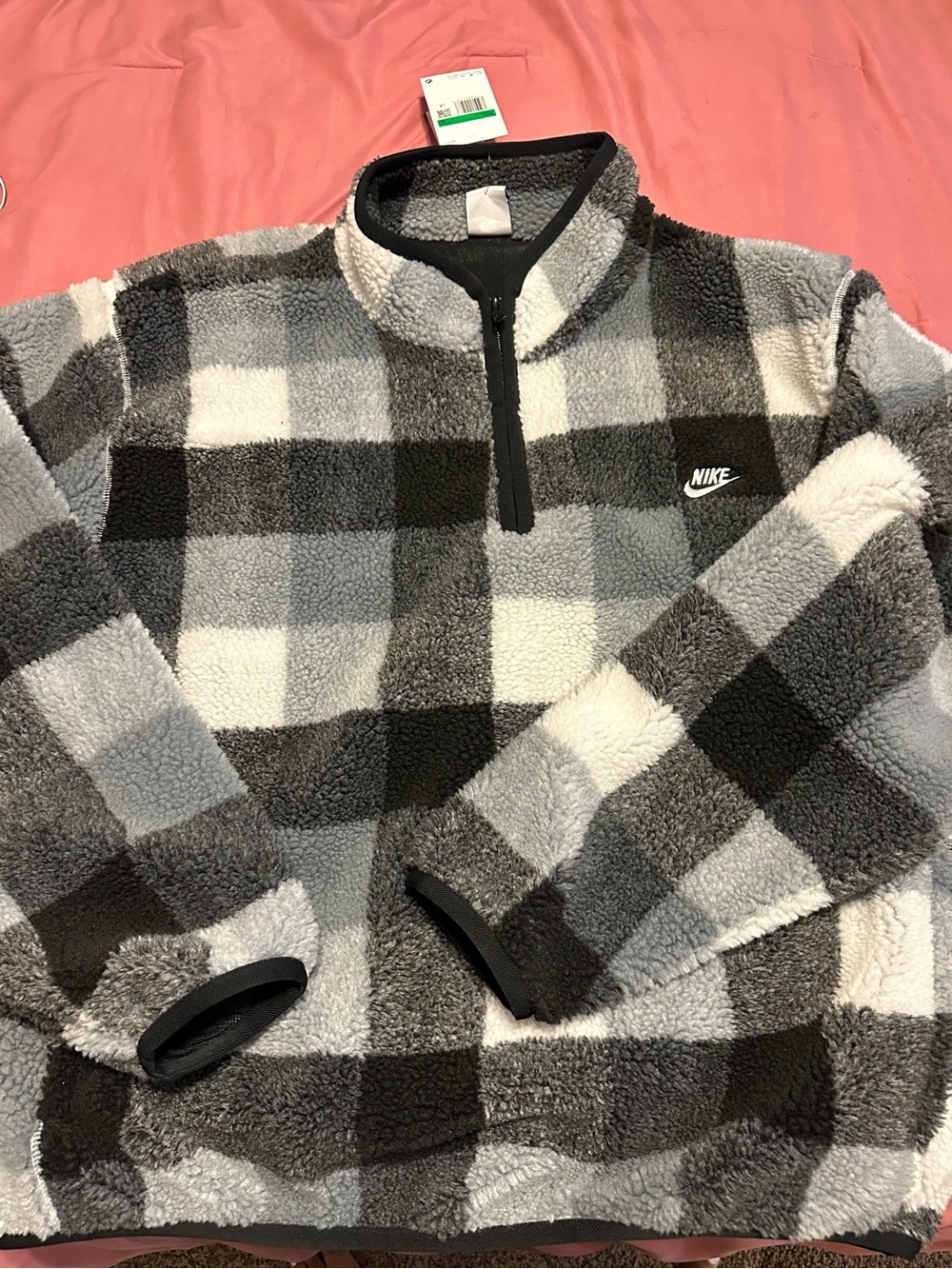 Nike Men's Black Gray White Plaid Sherpa Quarter-Zip Pullover